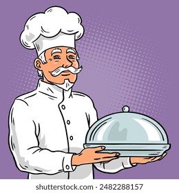Chef anciano con un plato en las manos. Trabajar en un restaurante. Ilustración de color de Vector de dibujos animados. Esquema de estilo de arte Pop