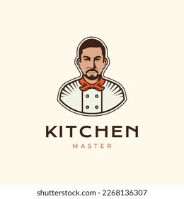 old man chef master mustache cooking food kitchen mascot sticker simple logo design vector