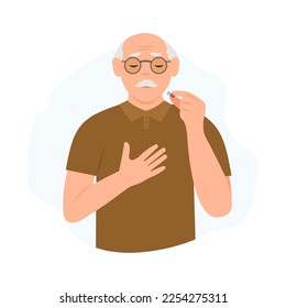 Old  man with chest attack. Elderly man holds a pill in her hand and intends to take it. Chest pain, heartache.Medication treatment, pharmacy and medicine, concept. Vector illustration