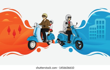 Old man & child ride with scooter vector