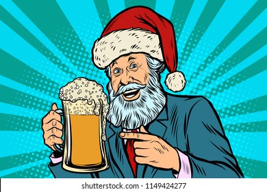 Old man in a Christmas cap with a mug of foam beer. Comic cartoon pop art retro vector illustration drawing