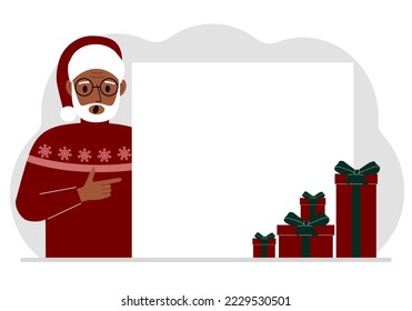 A old man in a Christmas or New Year's sweater with a red sana cap points his finger at a banner, a blank poster or a large white sheet of paper with space for text. Vector flat illustration.