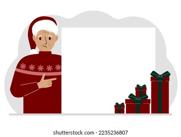 A old man in a Christmas or New Year's sweater with a red sana cap points his finger at a banner, a blank poster or a large white sheet of paper with space for text. Vector flat illustration.