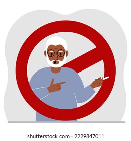 A old man with a cigarette in his hand. Around the man is a red prohibition sign. The concept of addiction to smoking and the ban on smoking. Vector flat illustration