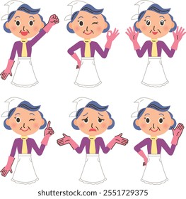 An old man in cleaning clothes posing in various poses