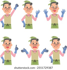 An old man in cleaning clothes posing in various poses