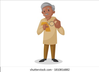 Old man is cleaning the frame of his spectacles with a cloth. Vector graphic illustration. Individually on white background.
