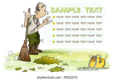 Old man cleans with broom