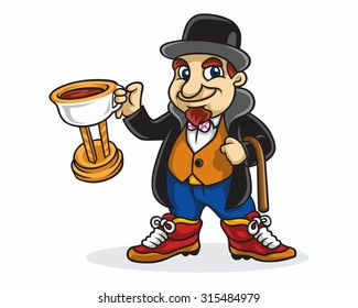 old man with coffee cup trophy cartoon character
