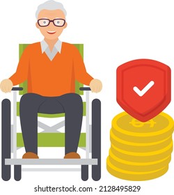 Old Man With Coin Stack And Shield Concept, Inflation And Retirement Investments Vector Icon Design, Economic Assistance Symbol, Unemployment Benefits Sign, Unconditional Income Stock Illustration