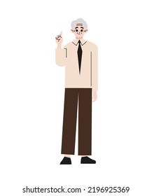 Old man to commentary to make a forefinger. Flat vector illustration isolated on white background