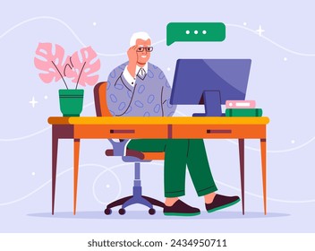 El anciano se comunica en línea. Abuelo sentado en la mesa con la computadora. Videollamada y comunicación en redes sociales. Ilustración de vector plano de dibujos animados aislado sobre fondo azul