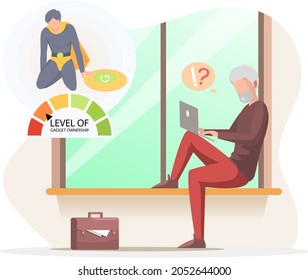 Old man with computer sitting on windowsill. Senior person dealing with technology, using modern gadgets. Male character has difficulties, questions in work with laptop. Low level of gadget ownership