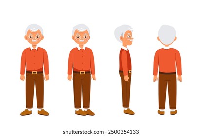 Old man constructor. Grandfather in casual clothes. Kit for creating animations. Pack of character in different poses. Senior and pensioner. Flat vector collection isolated on white background
