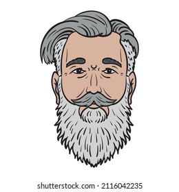 old man with cool hairstyle and gray beard. Face illustration isolated vector.