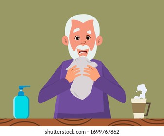 old man coughing. coronavirus symptom concept. old flat style character design for your design, motion, or animation.