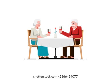 Altes Ehepaar trinkt Getränke auf dem Tisch, Abendessen romantisch im Zimmer, Vektorgrafik.