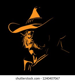 Old Man with a cowboy hat. Cowboy portrait silhouette in backlight. Vector. Illustration.