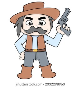 old man cowboy with thick mustache carrying a gun, vector illustration art. doodle icon image kawaii.