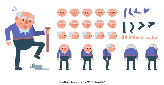 Old Man Creation Kit. Create Your Own Pose, Action, Animation. Modern Vector Illustration