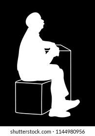Old man crossing his hands, sitting on box and leaning on table. Stencil. Vector illustration of white silhouette of old man isolated on black background. Concept. Monochromatic minimalism.