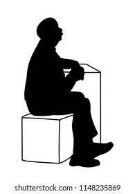 Old man crossing his hands, sitting on box and leaning on table. Stencil. Vector illustration of black silhouette of old man isolated on white background. Concept. Monochromatic minimalism.