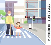 Old man crossing street flat vector illustration. Crosswalk, traffic lights signal. Senior people assistance concept. Grandfather and little girl on pedestrian crossing cartoon characters