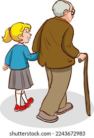 old man and cute girl walking together cartoon vector illustration