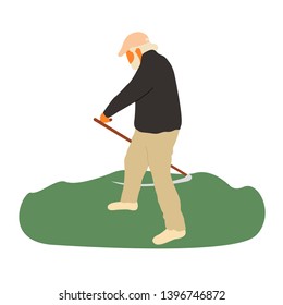 Old man cutting lawn. Vector isolated flat illustration