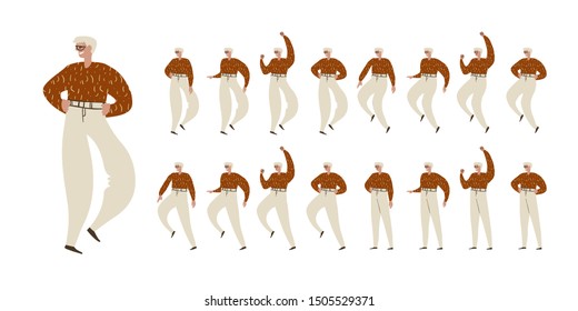 Old man dances. Big set of characters in various positions. Happy man in glasses, speckled sweater in Scandinavian style stays, dances, walks, jumps. Vector illustration EPS10 isolated on white