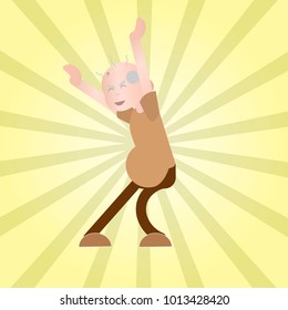 old man dancing hands up in the air on a yellow background with rays