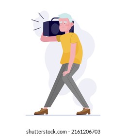 Old man dancing with tape recorder flat vector illustration. Retired, party, celebration concept