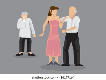 Old Man Dating Sexy Young Woman And Abandon Wife. Vector Illustration On Extramarital Affairs And Infidelity Concept Isolated On Grey Background.