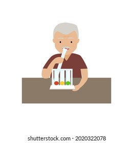 Old Man Deep Breathing With Spirometer.Pulmonary Rehabilitation Concept.Chest Exercise To Expand Lungs.Physical Therapy.Pulmonary Disease And Covid 19.Vector Illustration.