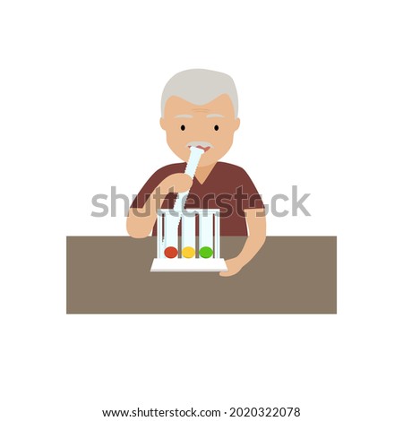 Old man deep breathing with spirometer.Pulmonary rehabilitation concept.Chest exercise to expand lungs.Physical therapy.Pulmonary disease and covid 19.Vector illustration.