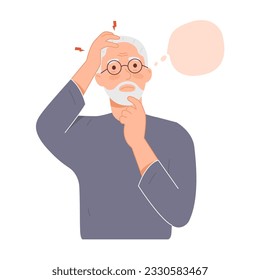 Old man with dementia and memory loss. Alzheimer's disease. Memory loss. Senior man with forgetfulness. modern trendy style. Hand drawn vector character illustration. Isolated on white background.