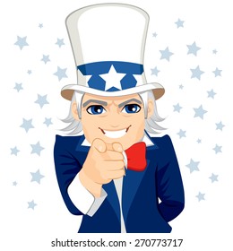 Old man disguised as Uncle Sam representing wants you concept with pointing hand and stars on background