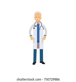 Old man doctor in uniform and stethoscope around his neck, standing isolated on white background
