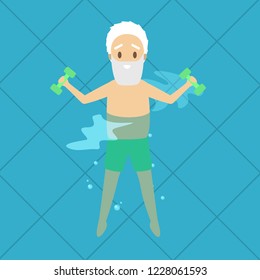 Old Man Doing Exercise With Dumbbell In Swimming Pool. Elderly Character Have An Active Lifestyle. Senior In Water. Isolated Vector Flat Illustration