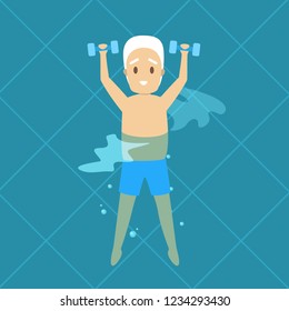 Old Man Doing Exercise With Dumbbell In Swimming Pool. Elderly Character Have An Active Lifestyle. Senior In Water. Isolated Vector Flat Illustration