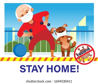 old man doing exercise on the balcony