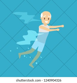 Old Man Doing Exercise In Swimming Pool. Elderly Character Have An Active Lifestyle. Senior In Water. Isolated Vector Flat Illustration