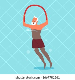 Old Man Doing Exercise With Swimming Pool Noodle. Elderly Character Have An Active Lifestyle. Senior In Water. Isolated Flat Illustration