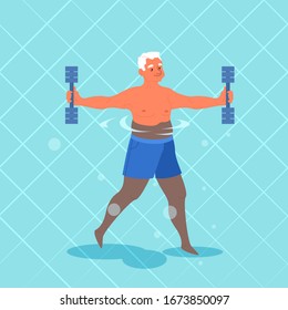 Old man doing exercise with swimming pool dumbbell. Elderly character have an active lifestyle. Senior in water. Isolated flat illustration