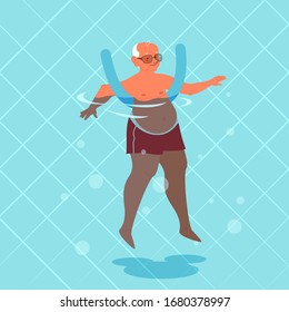 Old Man Doing Exercise With Swimming Pool Noodle. Elderly Character Have An Active Lifestyle. Senior In Water. Isolated Flat Illustration