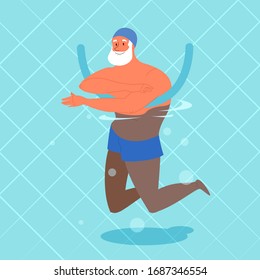 Old Man Doing Exercise With Swimming Pool Noodle. Elderly Character Have An Active Lifestyle. Senior In Water. Isolated Flat Illustration