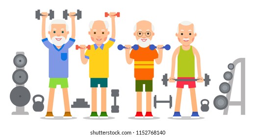 Old man doing exercises with dumbells and kettlebell. Pensioners and gymnastics with weights. Senior people making lifting weight exercises. Grandparents and Sport. Cartoon illustration isolated