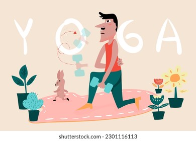 Old man doing kneeling lunges at home exercise. Yoga with dumbbell. Healthy lifestyle and wellness concept. Fitness and morning workout in cozy interior. How to keep fit indoors. Flat illustration