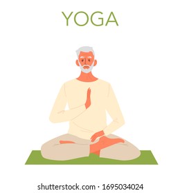 Old man doing yoga. Asana or exercise for senior. Physical and mental health. Body relaxation and meditation. Retired person training. Isolated flat illustration