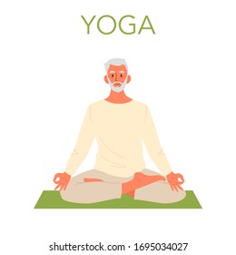 Old Man Doing Yoga. Asana Or Exercise For Senior. Physical And Mental Health. Body Relaxation And Meditation. Retired Person Training. Isolated Flat Illustration